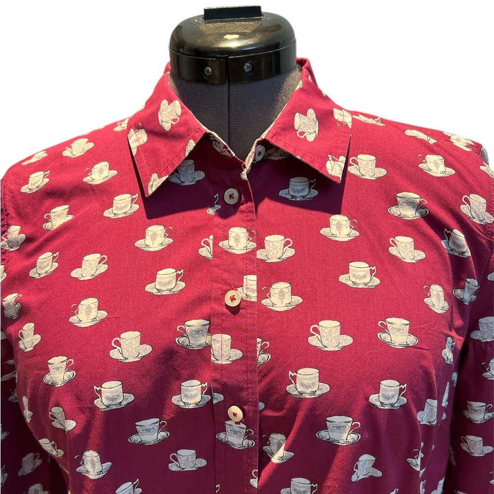 TALBOTS Tea Cup Print Cotton Preppy Maroon Tea
Time Button Down Blouse Large - Picture 2 of 7